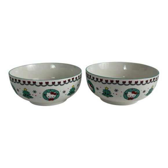 Hello Kitty Christmas Holiday Trees/Wreath Ceramic 6" Bowl Set of 2 NEW - Picture 2 of 10